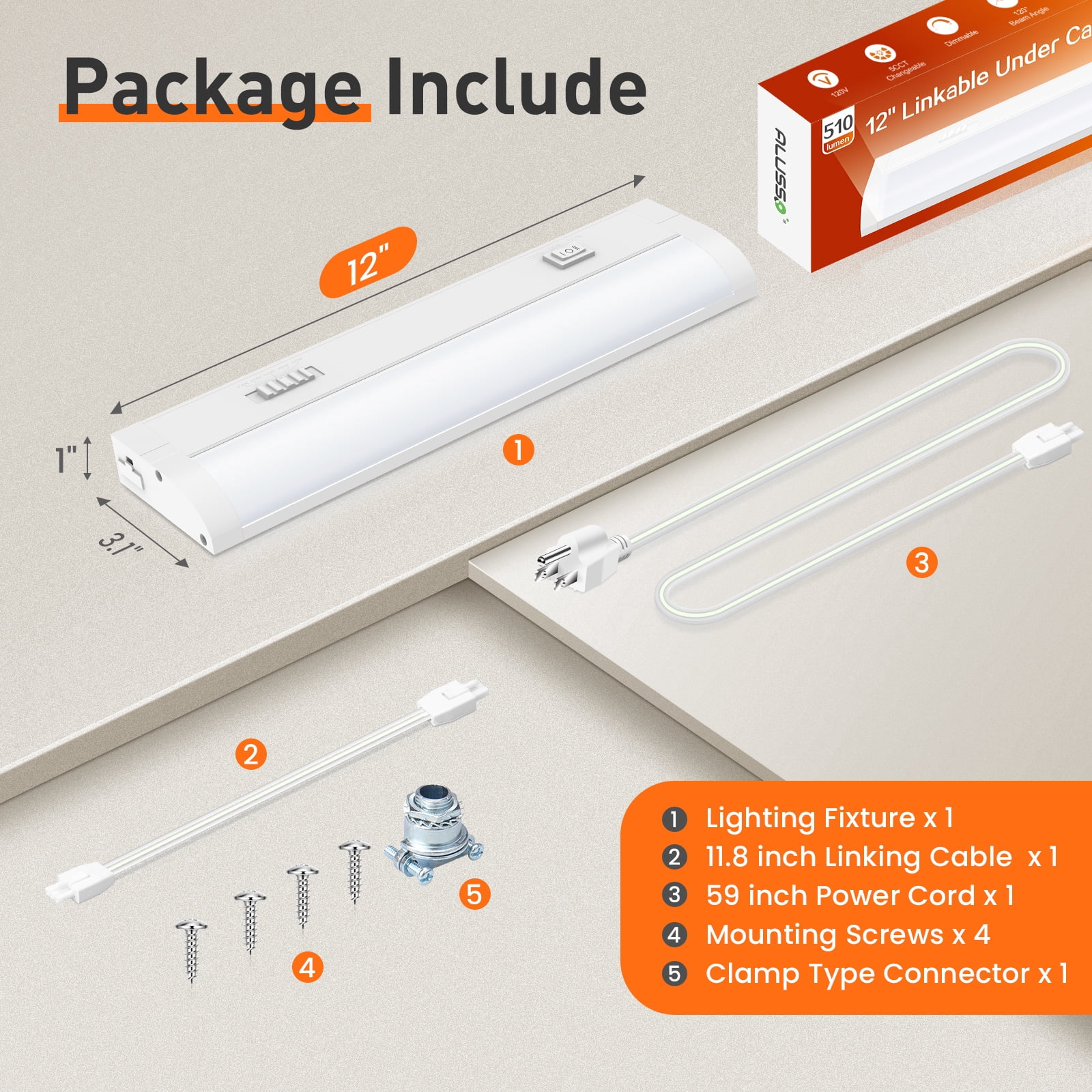 ALUSSO 12Inch LED Under Cabinet Light Plug-in, Dimmable, 5 Color Temperatures for Kitchen Home