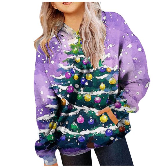 Tanghaowl Girls Pullover Girl Hoodie Long Sleeve Soft Sweatshirt Christmas Printed Hoody Kids Cute Pullovers Top Clothes for Girls Purple 2-3 Years