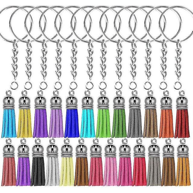 Borlas de llavero, juego de anillos de llavero a granel de 150 Uds. Incluye 50 Uds. De borlas para manualidades, 50 Uds. De anillos de llavero para llavero acrílico