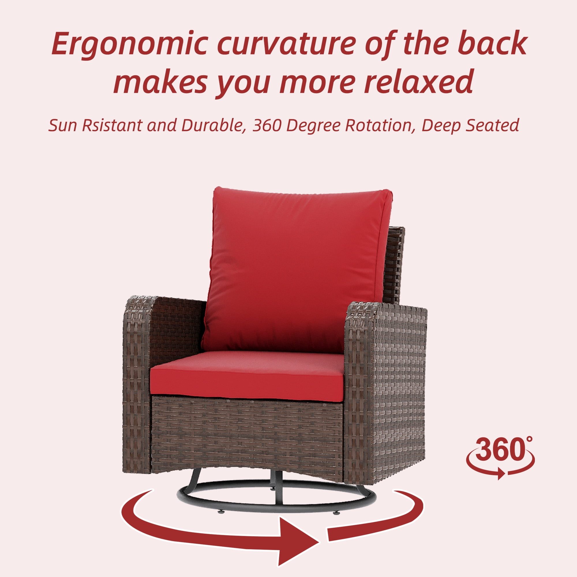 Homrest 4 Piece Wicker Patio Furniture Set, 360 Degree Outdoor Swivel Patio Chairs w/ Coffee Table and 3-Seat Sofa, Small Patio Furniture Set for Garden, Deck and Poolside (Wine Red)