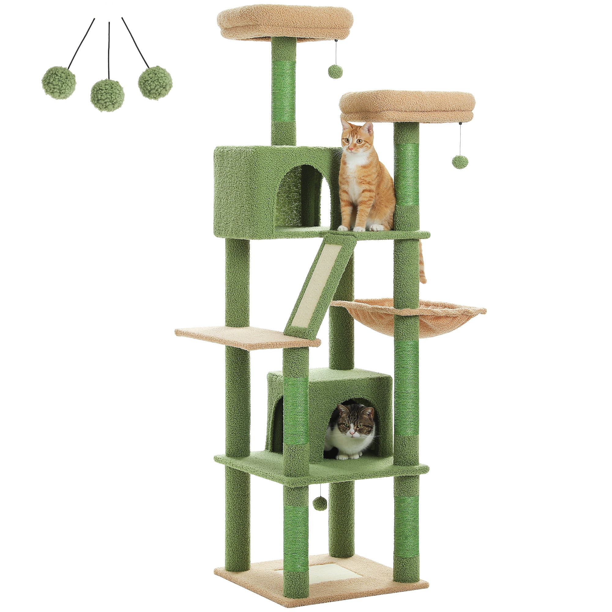 resenkos 70" Cat Tree Tower for Indoor Cats, Multi-Level Cat Tree House Cat Scratching Post with 2 Perches, 2 Cat Condos, Hammock and 2 Pompoms, Green