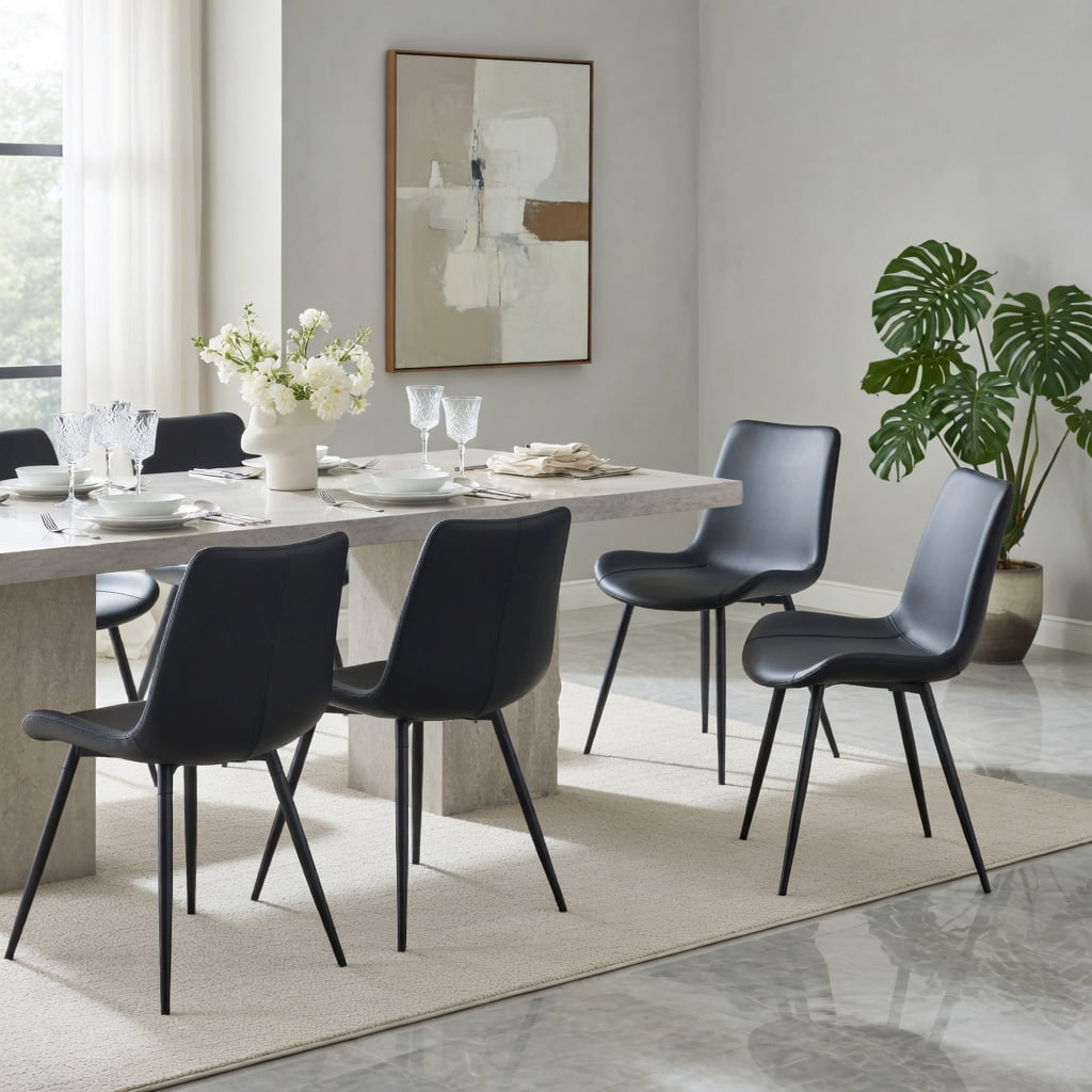 Hommoo 6-Pack Modern Black Faux Leather Dining Chairs with Curved Wide Seat Cushion & Metal Legs, Restaurant, Kitchen, Office & Bedroom Use, Black
