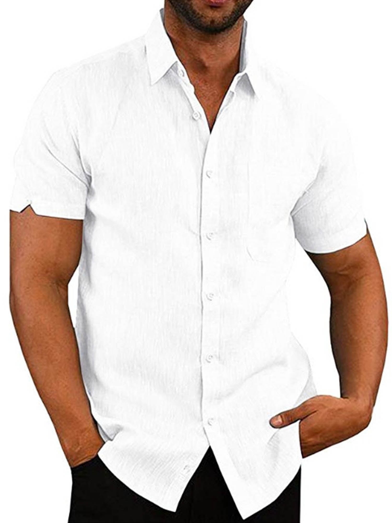 Men's Short Sleeve Shirt Casual Button Down Cotton Linen Loose Beach  Wedding Shirt