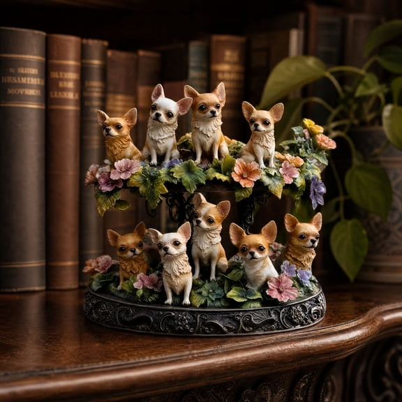 Chihuahua Dog Family Acrylic Figurine Statue, Floral Puppy Decorative Ornament for Home Tabletop Display