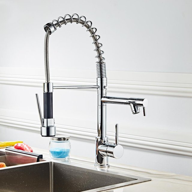SalonMore Modern Commercial Double Lever Pull Out Sprayer Kitchen Faucet, High Arch Spring Pull Down Kitchen Sink Faucet