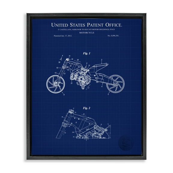 Stupell Industries Motorcycle Patent Blueprint Transportation Painting Black Floater Framed Art Print Wall Art, 17 x 21