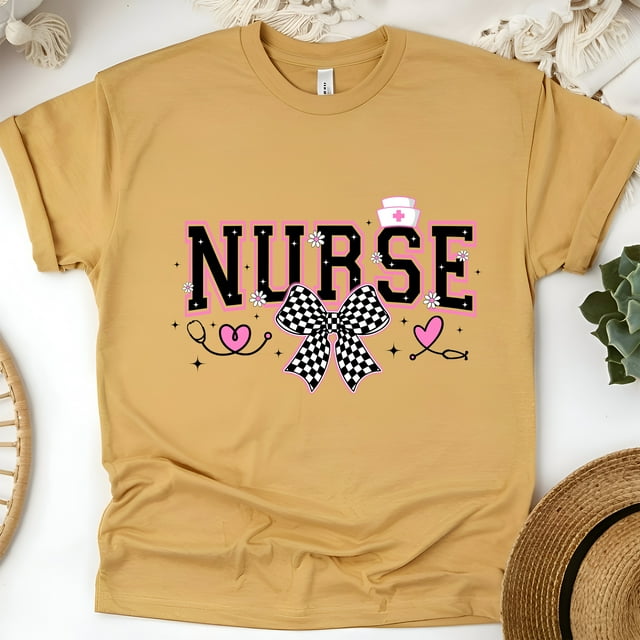 Nurse Graphic T-Shirt | Black Pink Varsity Lettering with Checkered Bow Tee, Gold, Size 3XL