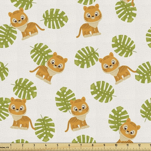 Tiger Fabric by the Yard, Repeating Cartoon Style Tiger Cub Silhouettes and Monstera Leaves, Decorative Upholstery Fabric for Sofas and Home Accents, 3 Yards, Pale Eggshell Green by Ambesonne