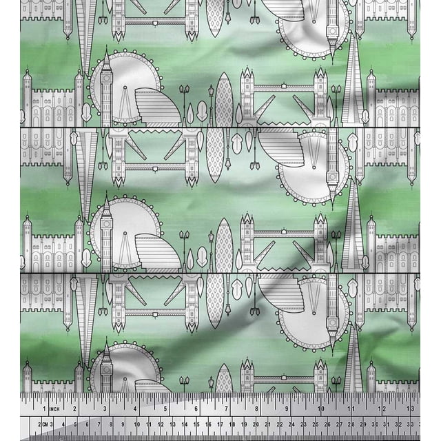 Soimoi Green Rayon Fabric London Theme Architectural Fabric Prints By Yard 42 Inch Wide