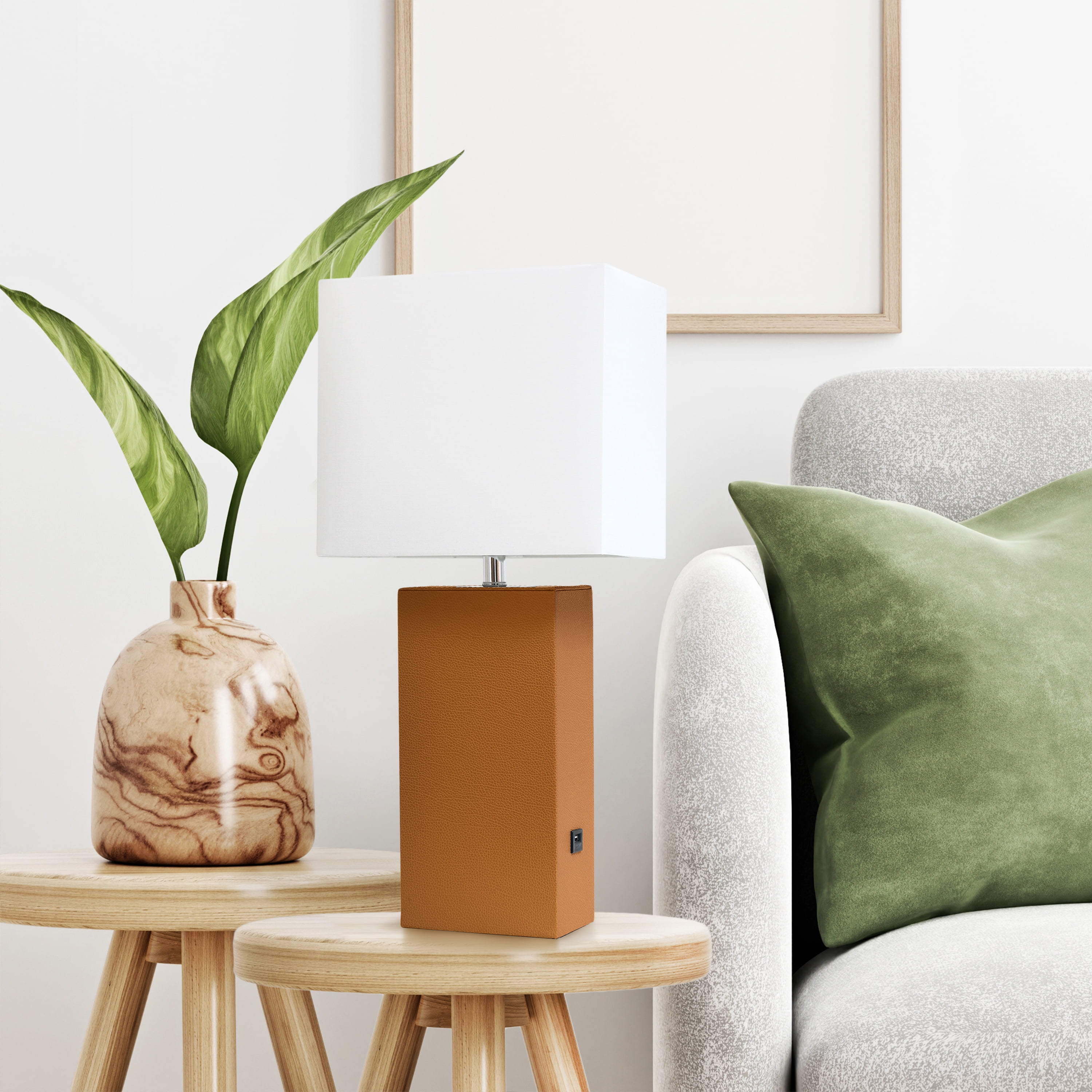 Lalia Home 21" Leather Modern Bedside Table Lamp with USB Port and LED Bulb, Tan
