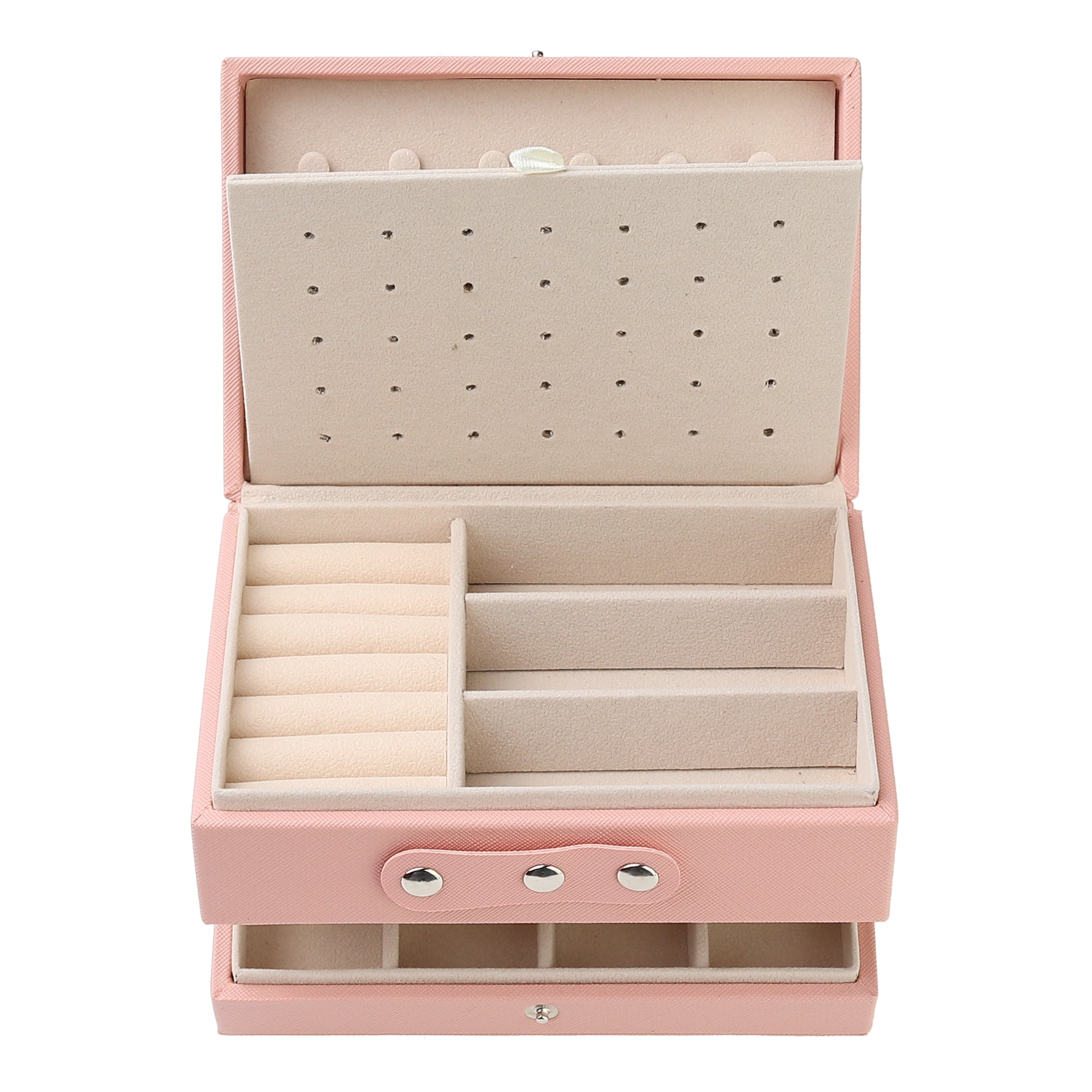 Unique Bargains 2 Layer Jewelry Box PU Leather Jewelry Case for Earring Necklace Ring Pink