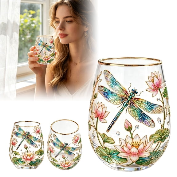 Hand Painted Dragonfly Glass Cup With Gold Rim Elegant Stemless Wine Tumbler For Water Juice Cocktail Home Kitchen Table(Green-11.3Cm)