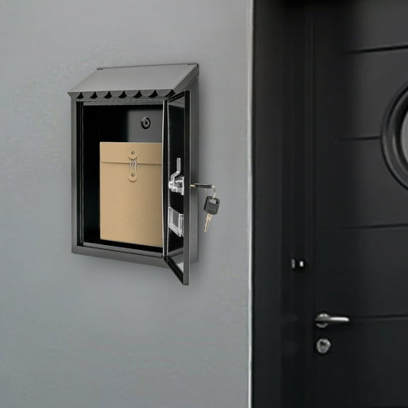 Black Wall-Mount Mailbox, Wall-mounted Design Galvanized Iron Mailbox with Key Lock, Fashion Mail Box Modern