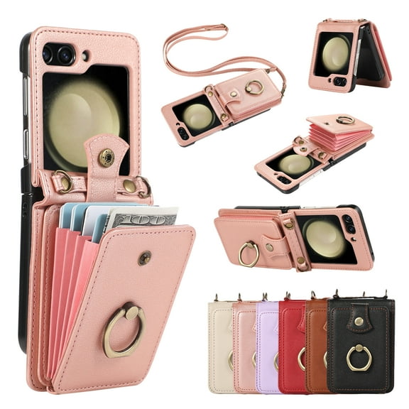 for Samsung Galaxy Z Flip 5 5G Wallet Case with Card Holder, PU Leather Case with Ring Holder Kickstand, Snap Button Card Slots Case for Women Men for Z Flip 5 5G with Crossbody Strap - Rosegold