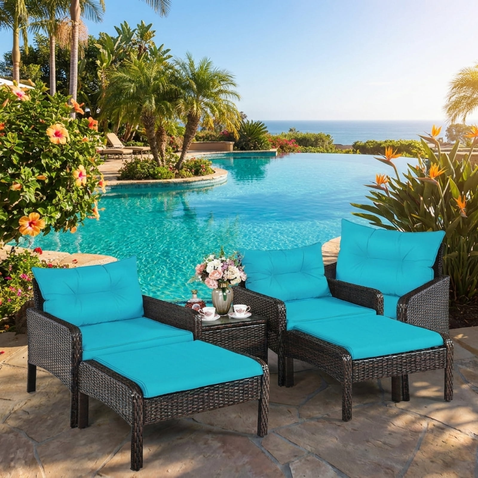Biotree 5 Pieces Patio Rattan Furniture Set Sofa Outdoor Conversation Set for Garden Backyard Porch, Red/Turquoise/Beige
