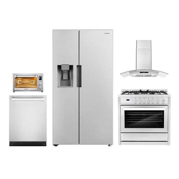5 Piece Kitchen Package with 36" Freestanding Gas Range 36" Wall Mount Range Hood 24" Built-in Fully Integrated Dishwasher Side-by-Side Refrigerator & 20" Electric Air Fryer Toaster Oven