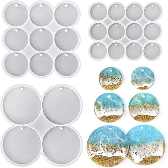 3 pcs 25-Cavity Set of Large   Medium   Small Shiny Flat Circle Silicone Mold, Drilled Round Earrings Pendant Mold, Keychain, Pet Tag Resin Mold