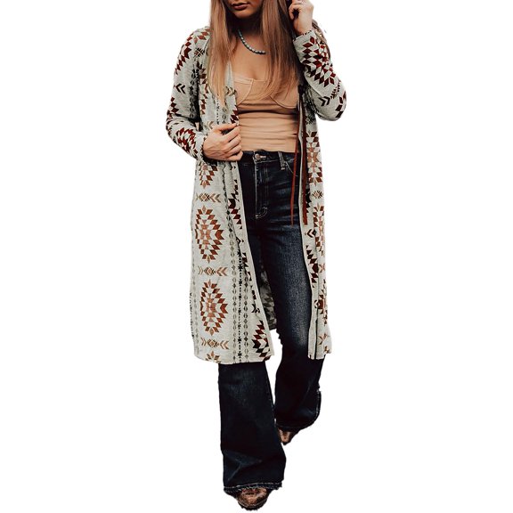 Women's Brown Aztec Open Front Long Cardigan - Western Style | [ZhiHiMeRi] | (US 12-14)L