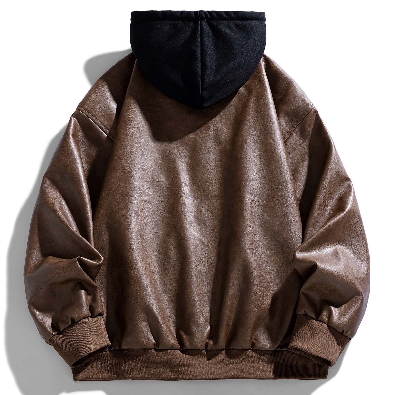 MIXUE Mens Coats And Jackets Autumn Winter Leather Solid Color Hooded Button Down Long Sleeve Slim Fit Casual Coat Streetwear,Brown,XXXL