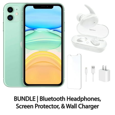 Restored Apple iPhone 11 128GB Green Fully Unlocked Bundle: Bluetooth Headphones, Screen Protector, & Wall Charger (Refurbished)