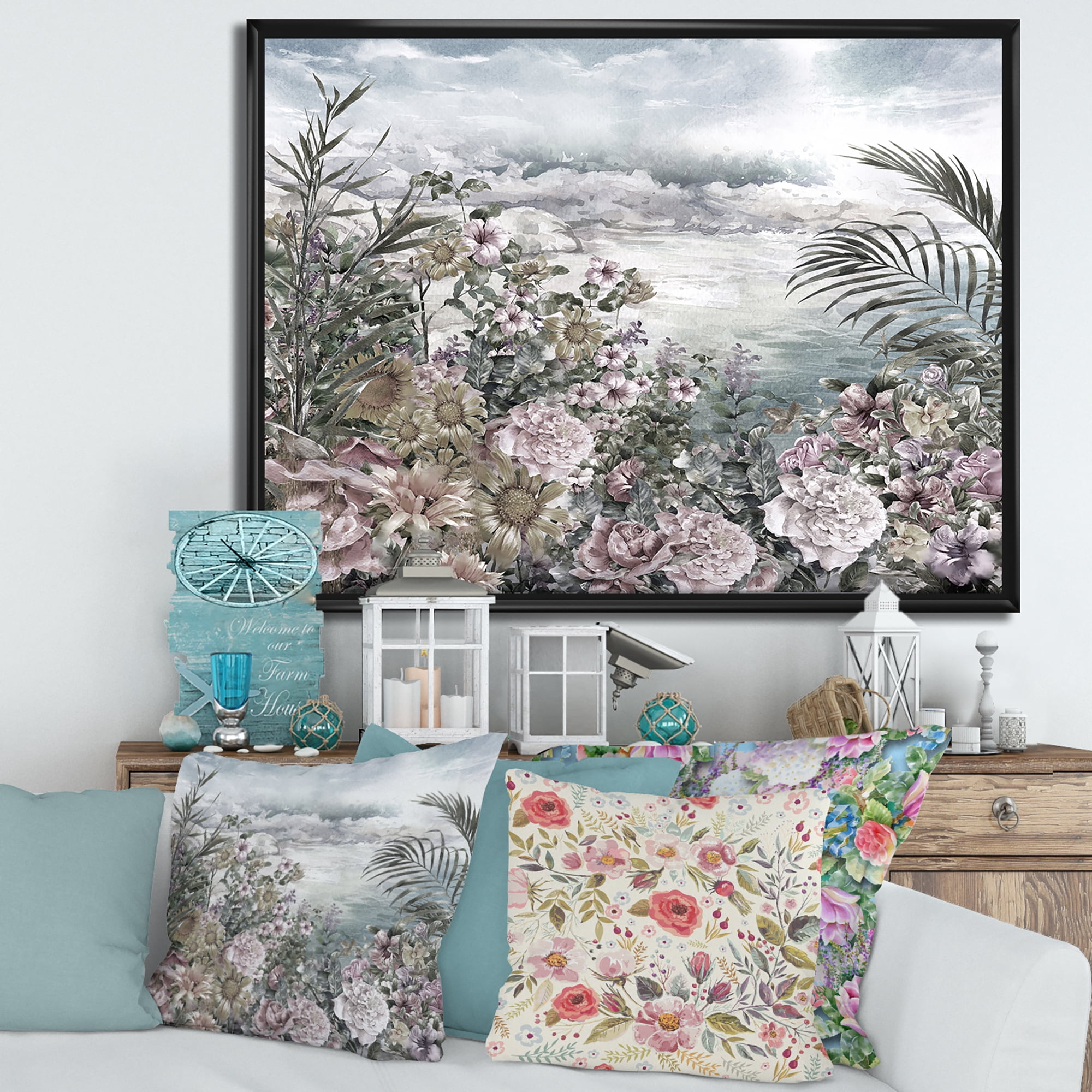 Abstract Retro Flowers By The Sea Side 40 in x 30 in Framed Painting Canvas Art Print, by Designart