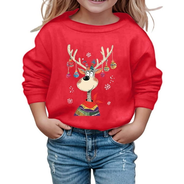 Wdgfv Chandail à Manches Longues à Col Rond pour Filles, Haut à Enfiler Décontracté, Motif de Vacances, Doux et Confortable, Vêtements pour Enfants, Rouge, 5-6 Ans