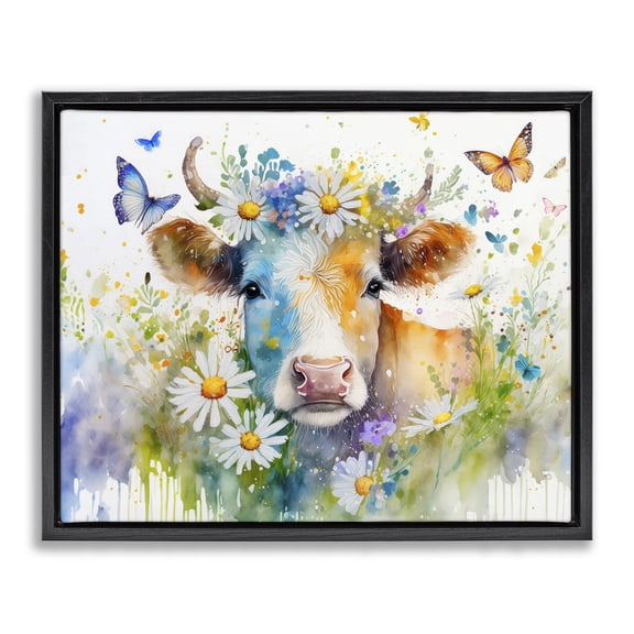 Stupell Industries Modern Cottage Cow Animals Painting Black Floater Framed Canvas Art Print Wall Art, 21 x 17