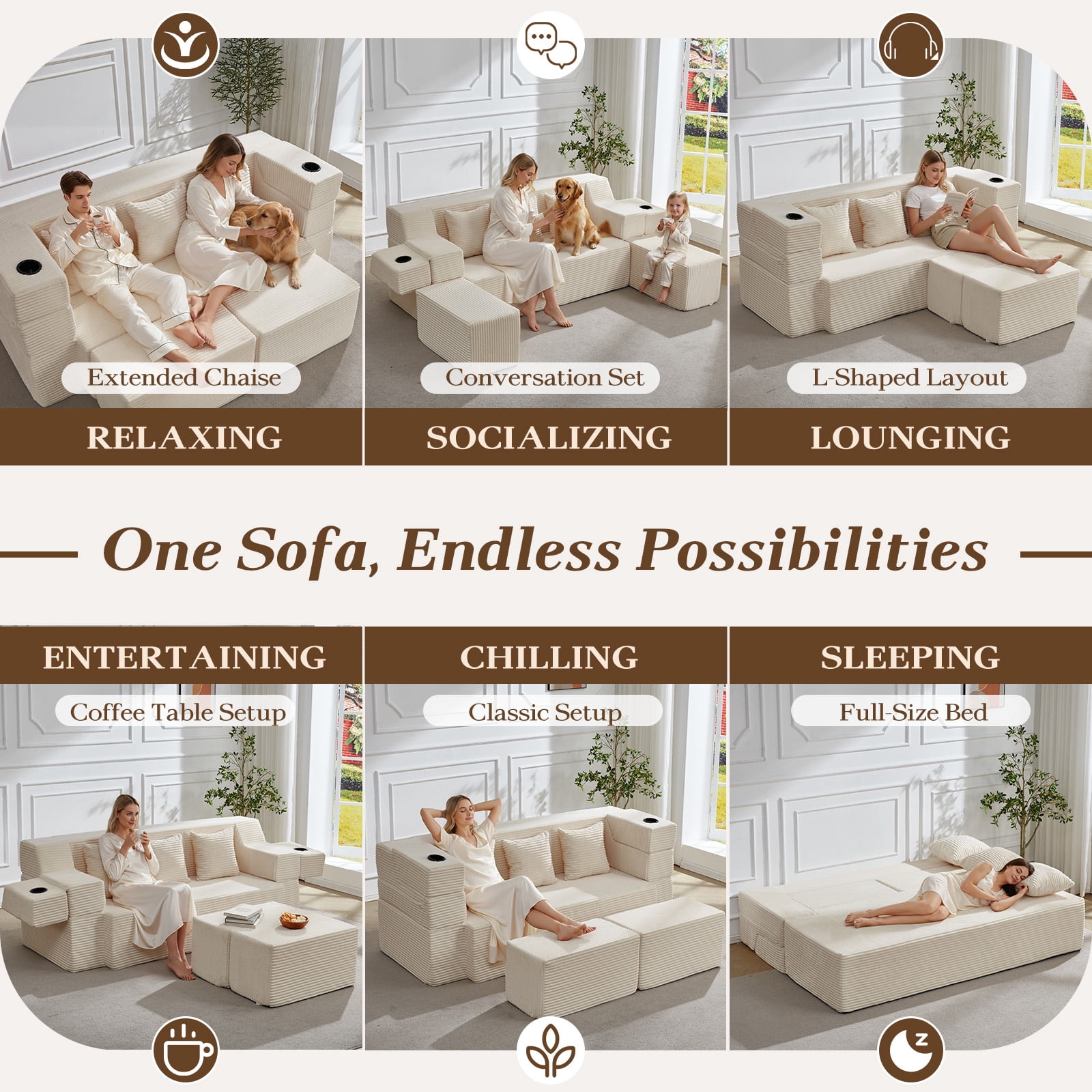 78.7'' Folding Sofa Bed with 2 Ottomans, 3-in-1 Convertible Foam Futon, Flip-Up Armrest with Cup Holder, Oeko-TEX Certified Corduroy, No Assembly Sleeper Couch for Small Space, Beige