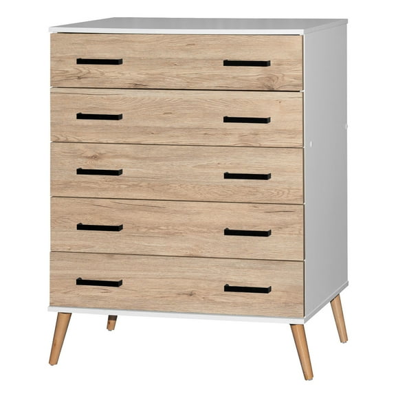 Eli Mid-Century Modern 5 Drawer Chest in White & Natural Oak