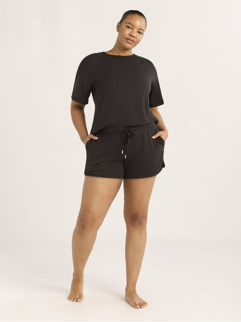 Joyspun Women's French Terry Short Sleeve Top and Shorts Set, 2