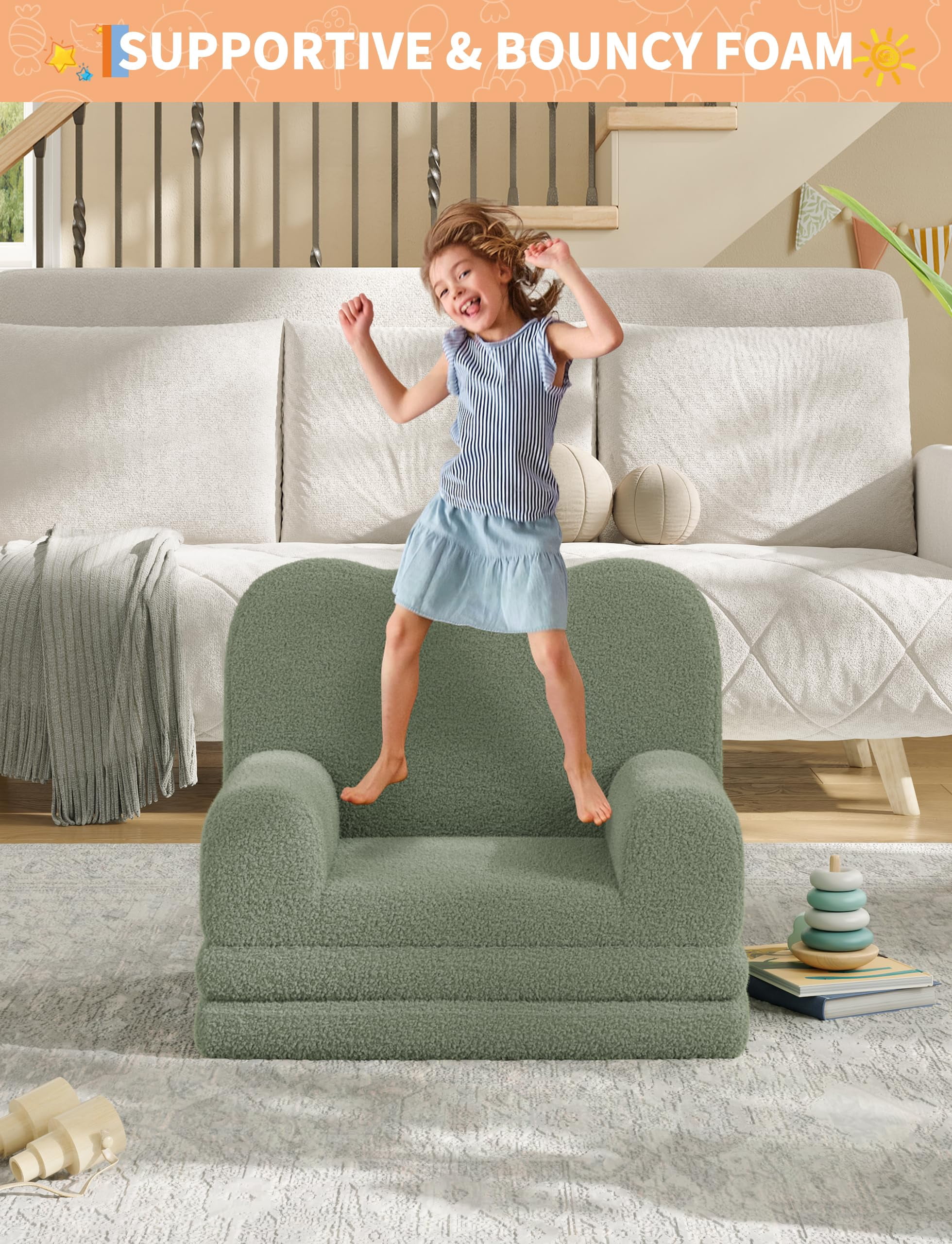 Kojooin Kids Couch, 2-in-1 Convertible Teddy Fleece Fabric Toddler Sofa Chair, Soft Fold Out Couch Lounger for Kids, Comfy Children's Sofa Bed for Playroom, Nursery, Birthday Gift