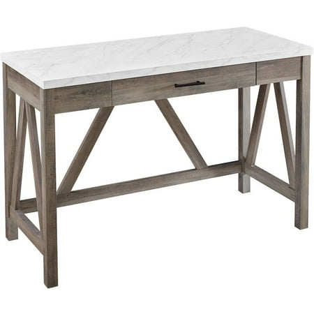 46  A-Frame Wood Computer Desk with Drawer in White Faux Marble / Gray Wash