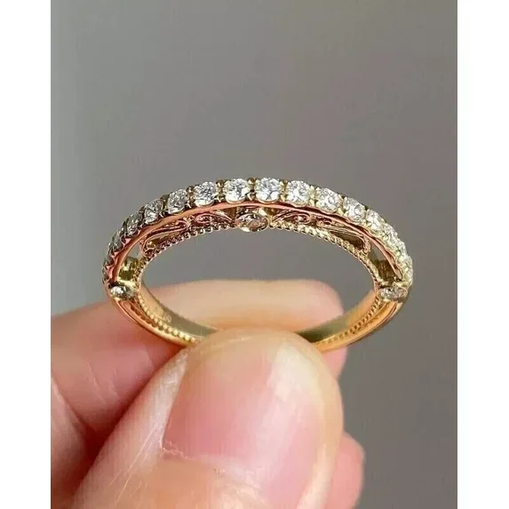 Women's Gorgeous Wedding Ring 2.00Ct Round Cut Simulated Diamond Half Eternity Band 14K Yellow Gold Plated