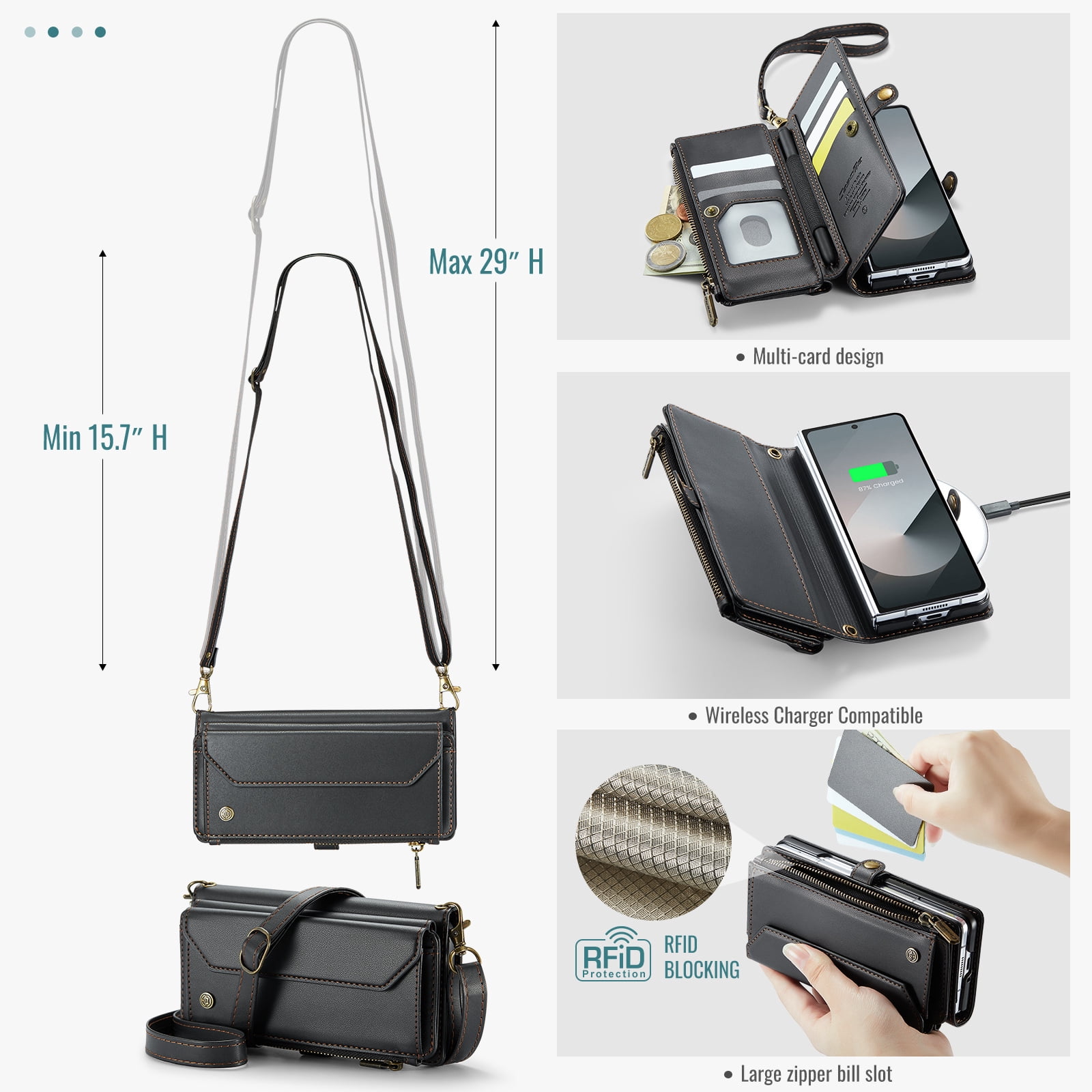 for Samsung Galaxy Z Fold 7 Full Body Protection Wallet Folio Flip Case, Shoulder Strap & Wristlet Card Slots Zipper Pocket RFID Blocking Rugged Durable PU Leather Phone Case Cover, Black