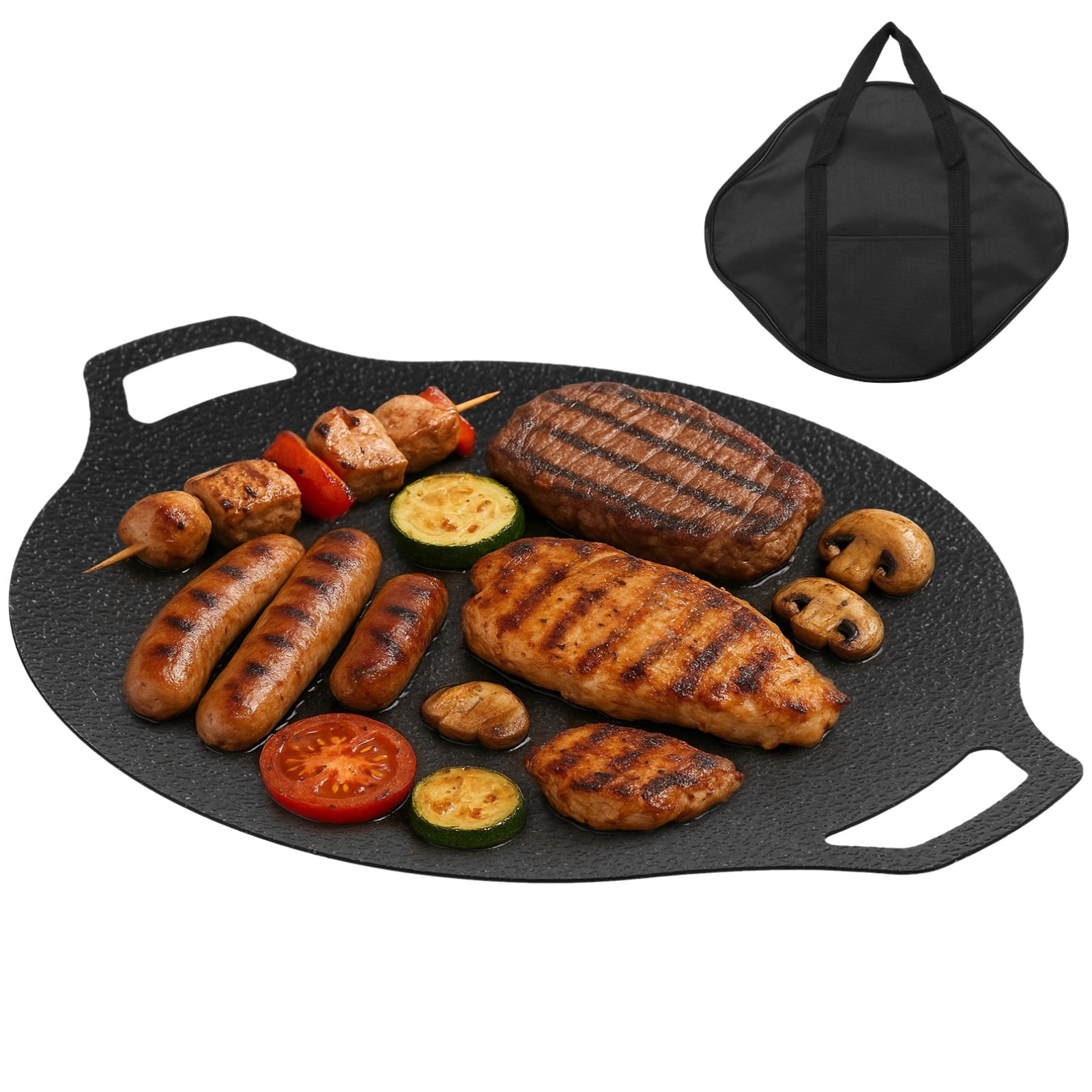 Korean Grill Pan with Bag, 13.2" Round Non-Stick Iron Grill Plate, Portable Indoor Outdoor Grilling Tray with Handles, Compatible with Gas Stove, Induction Cooker, Electric Cooktop