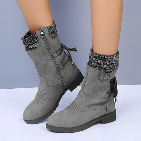 

Tdoqot 2023 Boots for Women- Low-heeled Casual Christmas Gifts Chunky Heel Women s Mid Calf Boots Gray 39