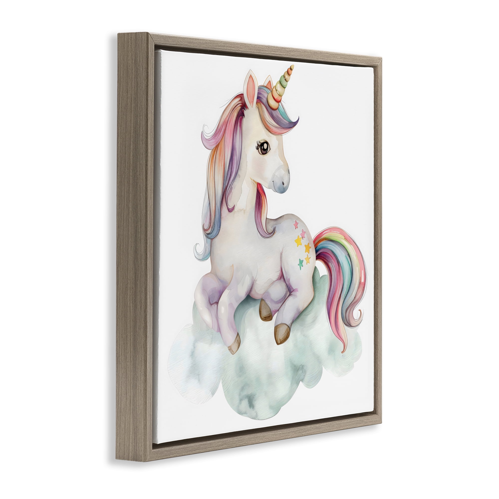 Stupell Industries Rainbow Unicorn on Cloud Brown Framed Floater Canvas Wall Art, design by Creative Studio
