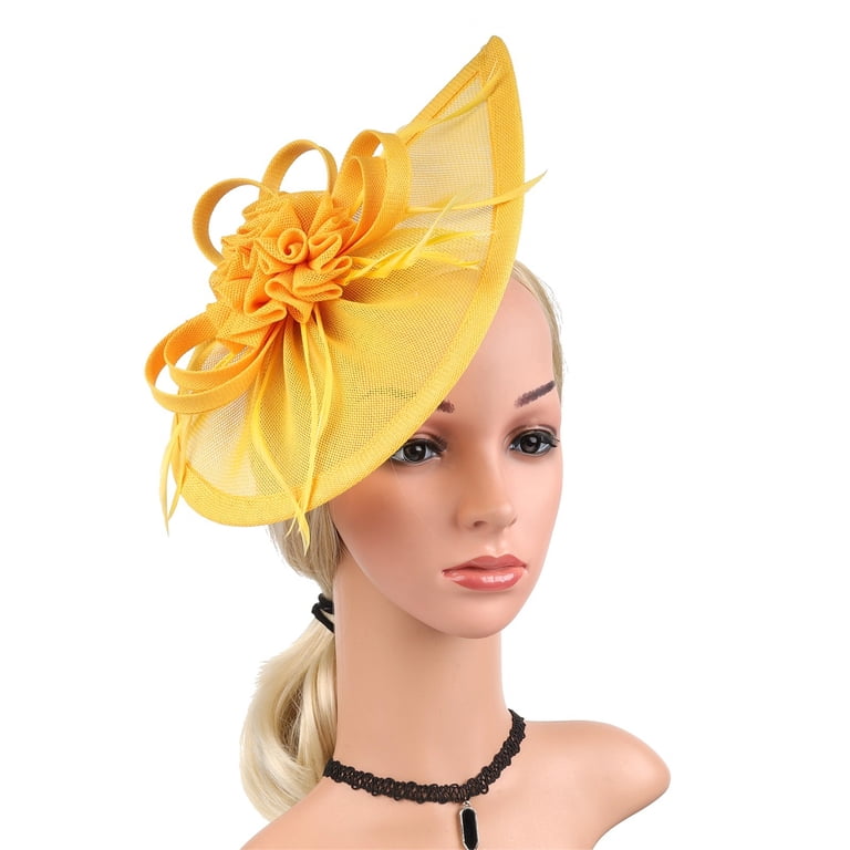 Elegant Mustard Hat with Feather Detail KalluliCC Fascinator Hat for Women, Gold-flower-yumao Tea  main image 4