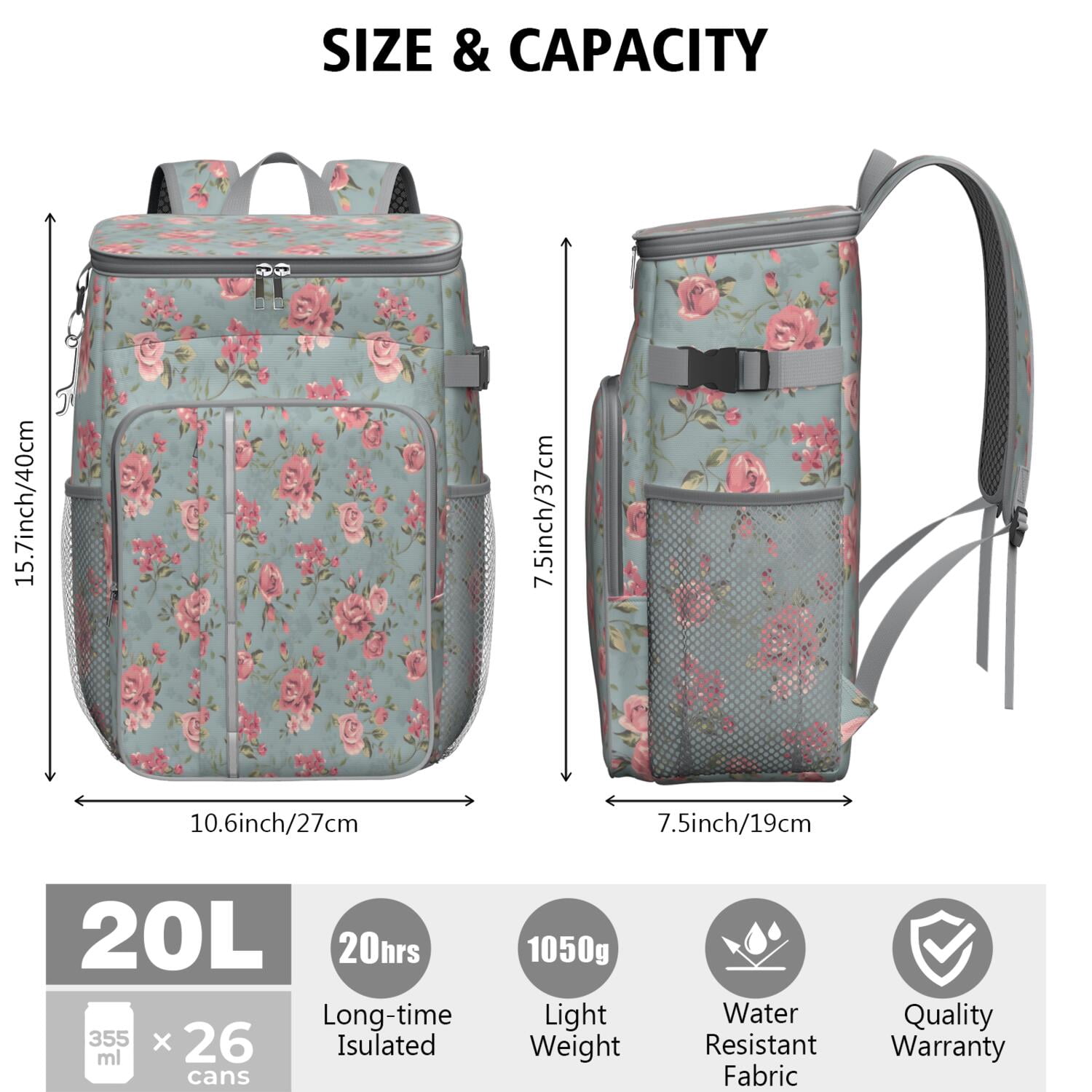 Travel Cooler Bag - Pioneer Flower Floral Print Pattern Camping Beer Cooler Backpack with Bottle Opener- Waterproof Insulated Picnic Backpacks - Cooler Bag for Beach