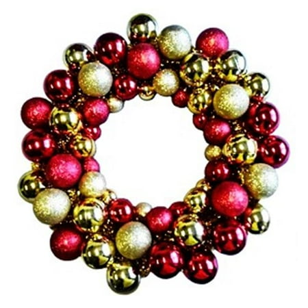 Ball Wreath Winterland BAT-BWR-16-GO-RE-PW Gold And Red Ball Wreath With Battery Powered Pure White Led ()