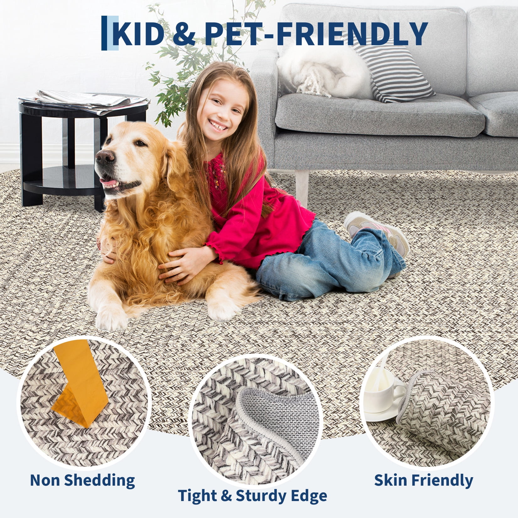 Garvee 10'x13' Scalloped Rug Farmhouse Braided Print Carpet, Washable Rug Soft Non Slip Low Pile Rug Indoor Neutral Carpet for Living Room Bedroom Dining Room, Beige Gray