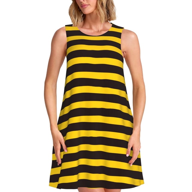 Fotbe Bee Stripe Vestido de Verano sin Mangas para Mujer – Vestido Midi Línea A, Estilo Camiseta Floral, Vestido Playero Casual y Fluido