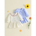 thumbnail image 3 of RUINIXCW Toddler Baby Girl Fall Shirt Dress Kids Little Girl Ruffled Dress Bow Embroidery Peter Pan Doll Collar Long Sleeves Button Up Casual Dress, 3 of 9