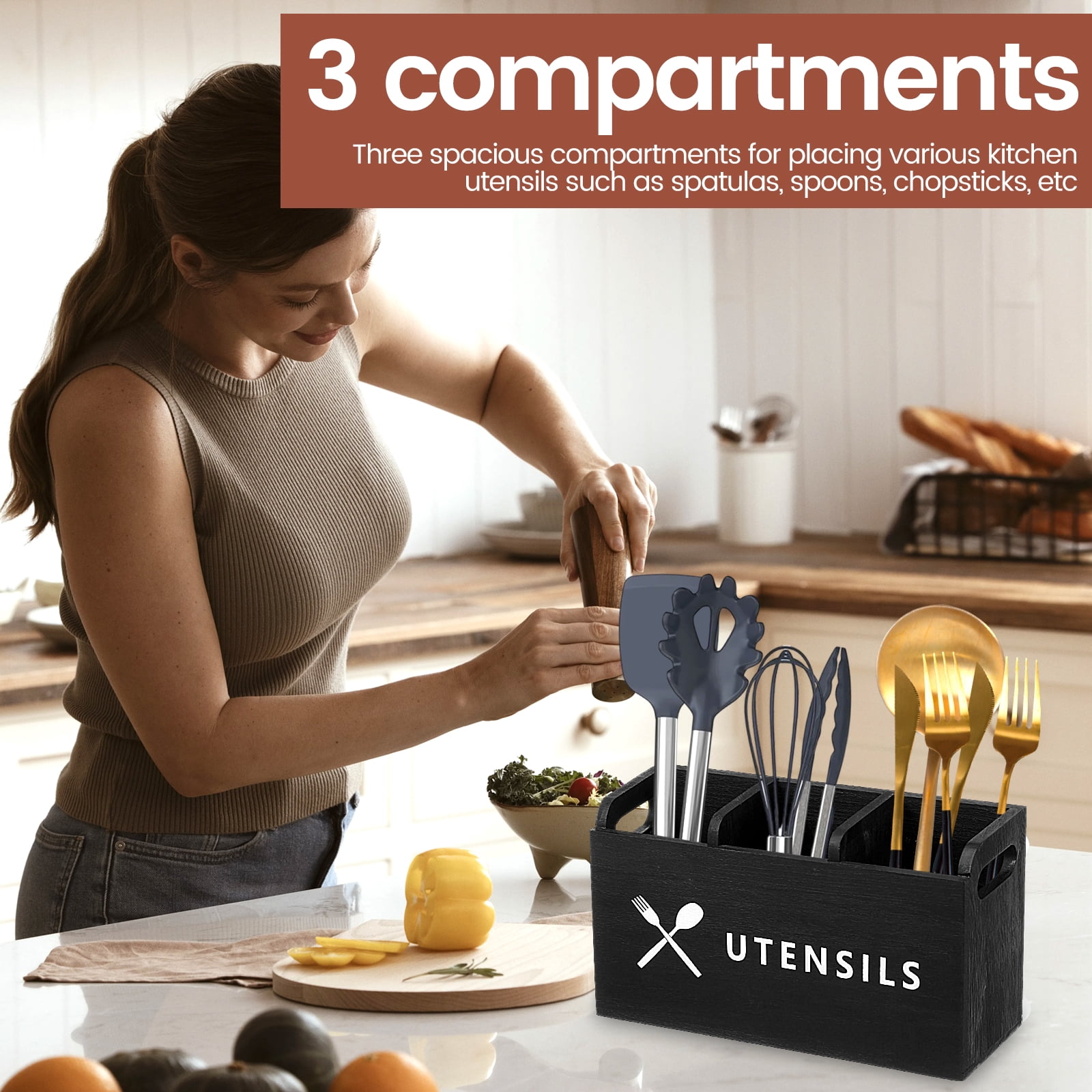Txkrhwa Utensil Holder Extra Large Utensil Organizer with 3 Compartments, Wooden Rustic Utensil Crocks for Kitchen Counter, Farmhouse Cooking Utensil Caddy Countertop Spatula Silverware Spoon Holder