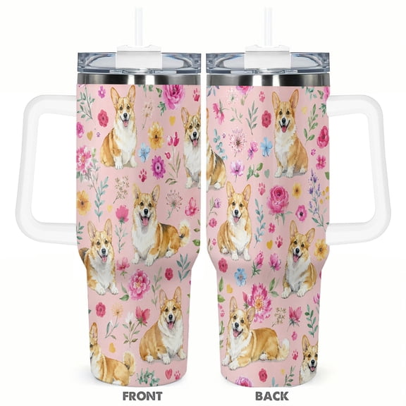 40oz Corgi Floral Tumbler Insulated Car Cup Travel Coffee Cup Cute Dog Lover Gift