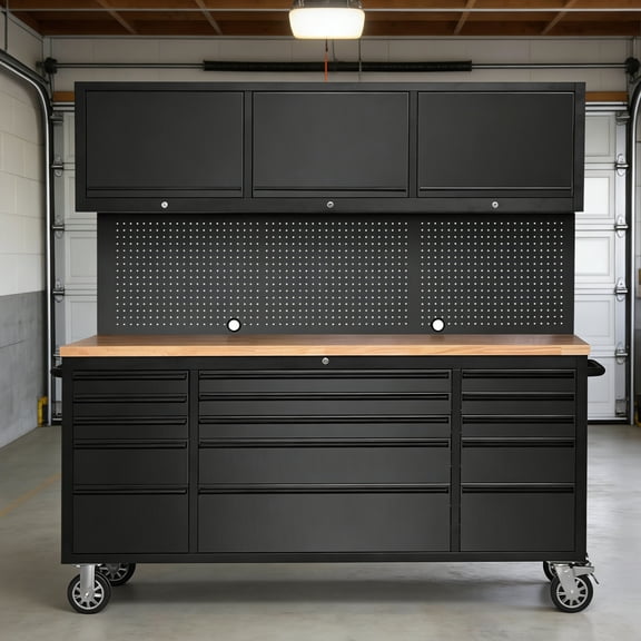 Garvee 72" Workbench Tool Chest, Large Rolling Work Bench with 15 Drawers and 3 Top Cabinets for Garage, Warehouse, Repair Shop, Black