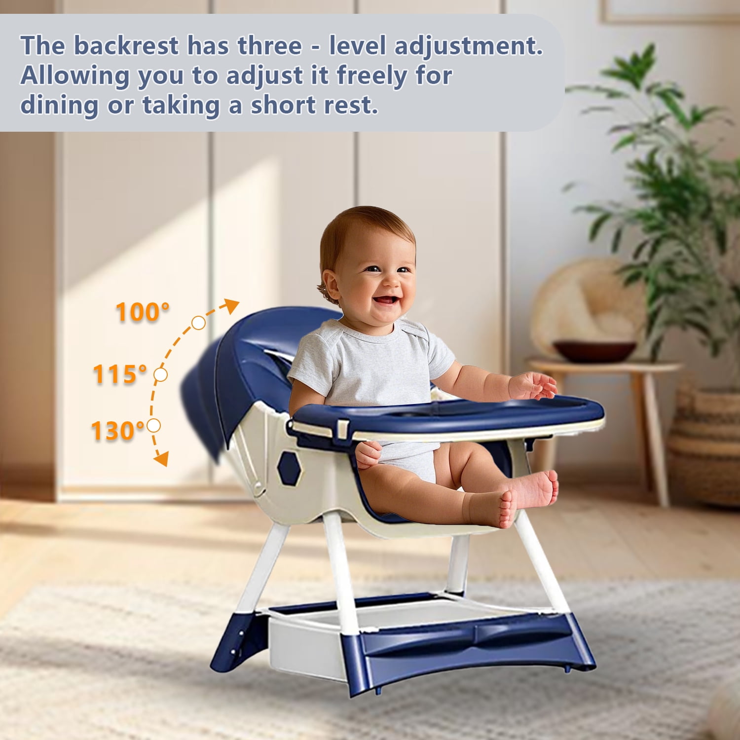 KFeng 4-in-1 Foldable Baby High Chair,Combines Play and Dining,Adjustable Dual Layer Tray and Backrest,Blue