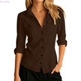 thumbnail image 2 of Kureaily Women's Collared Button Up Chest Pocket Roll Tab Long Sleeve Shirt (Brown), 2 of 5