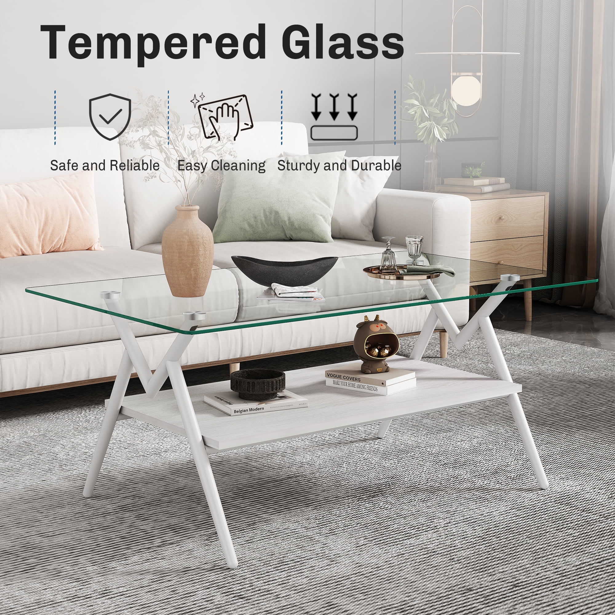 MAYEERTY 3-Piece Coffee Table & End Table Set – Transparent Tempered Glass & MDF Layer
