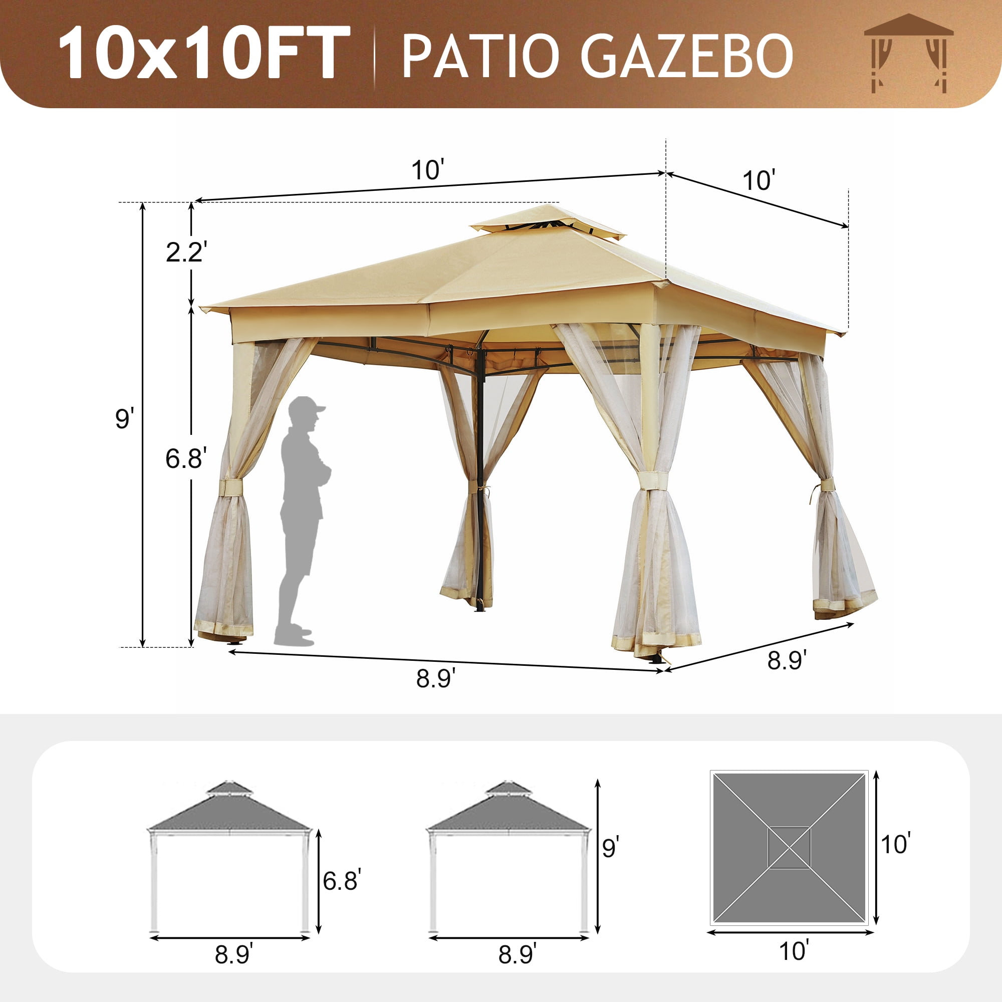 10'x10' Outdoor Gazebo Tent with Double Roofs, Patio Gazebo with Mosquito Netting, Patio Canopy for Backyard, Garden, Lawn and Deck,Beige